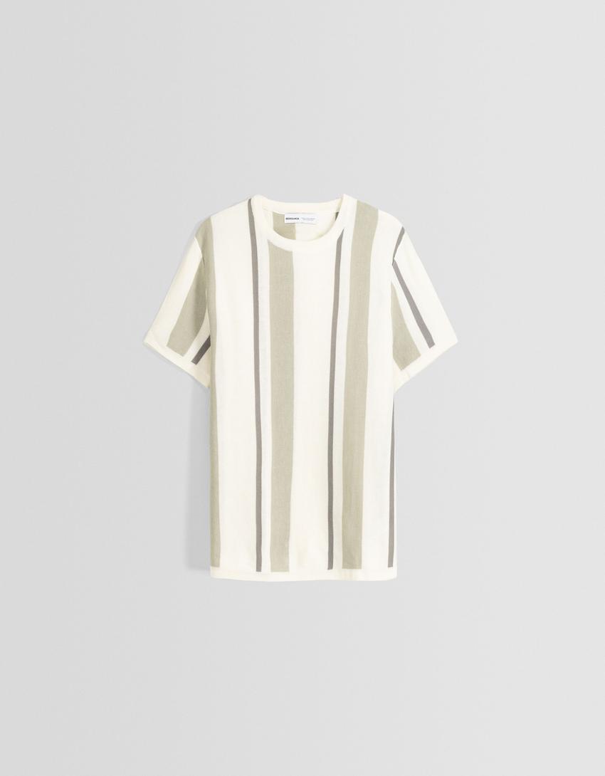 Striped knit short sleeve T-shirt-Cream-4