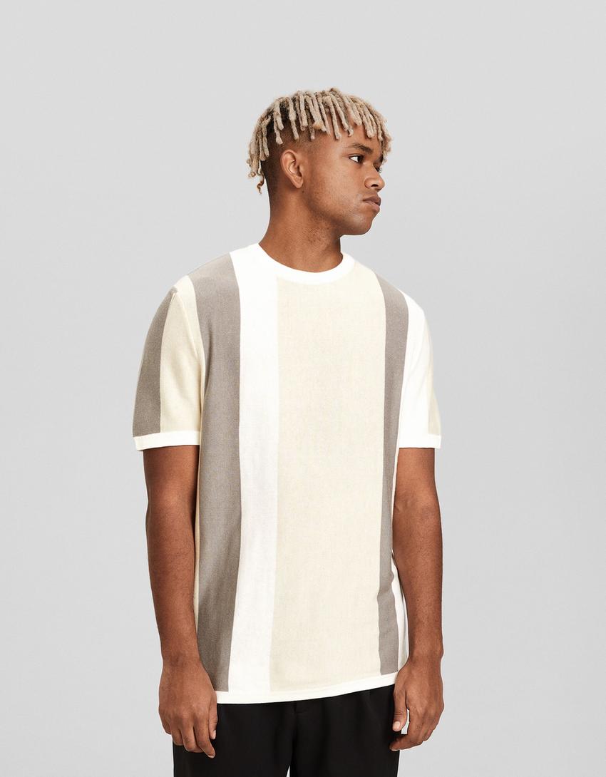 Striped knit short sleeve T-shirt-Beige-0