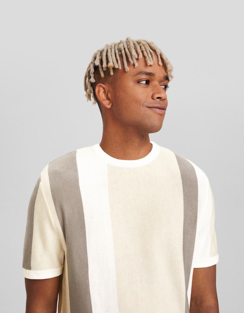 Striped knit short sleeve T-shirt-Beige-2