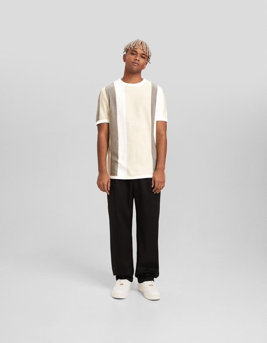 Striped knit short sleeve T-shirt-Beige-3