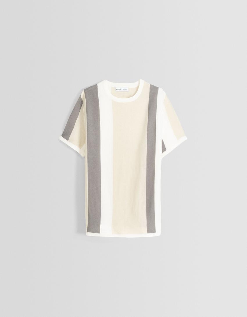 Striped knit short sleeve T-shirt-Beige-4