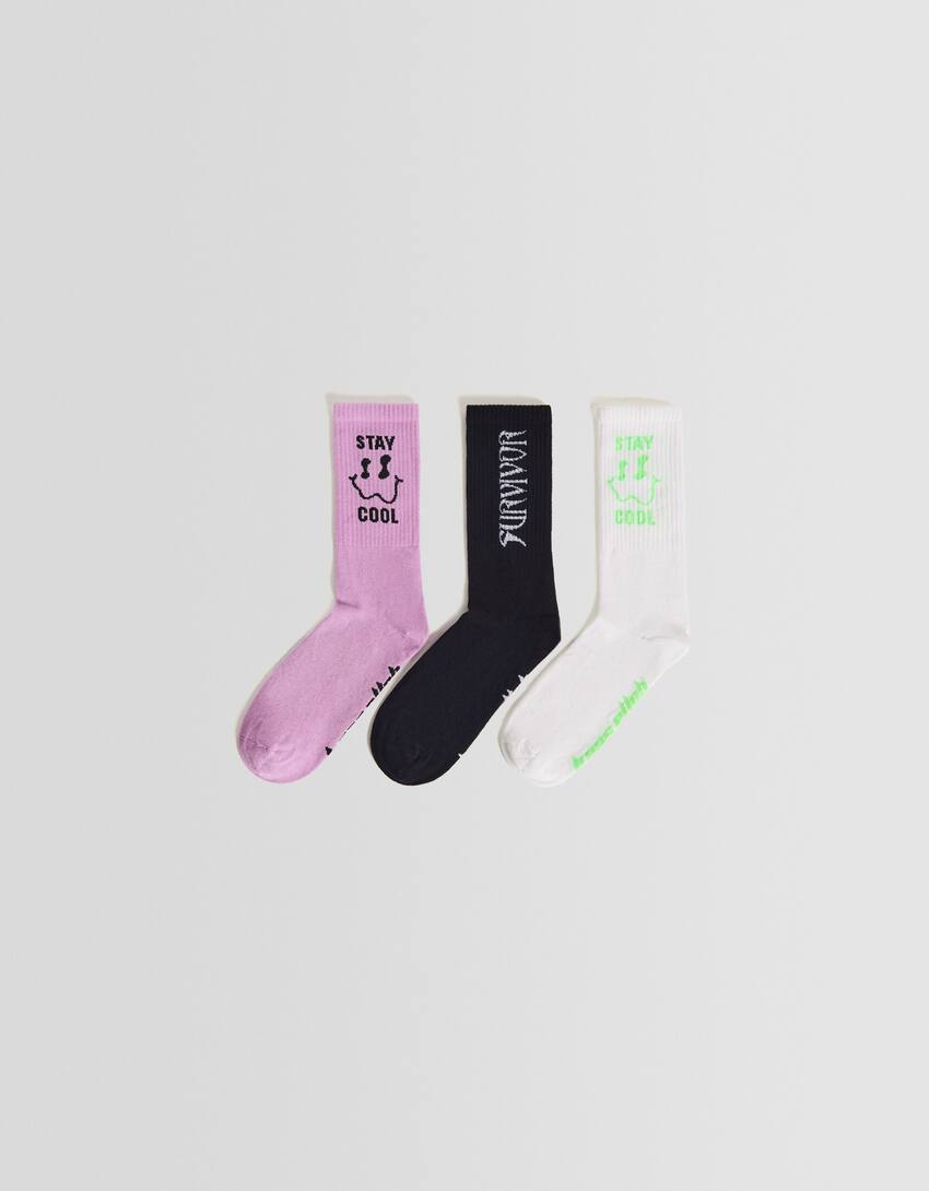 Pack of 3 pairs of printed socks-Violet-0
