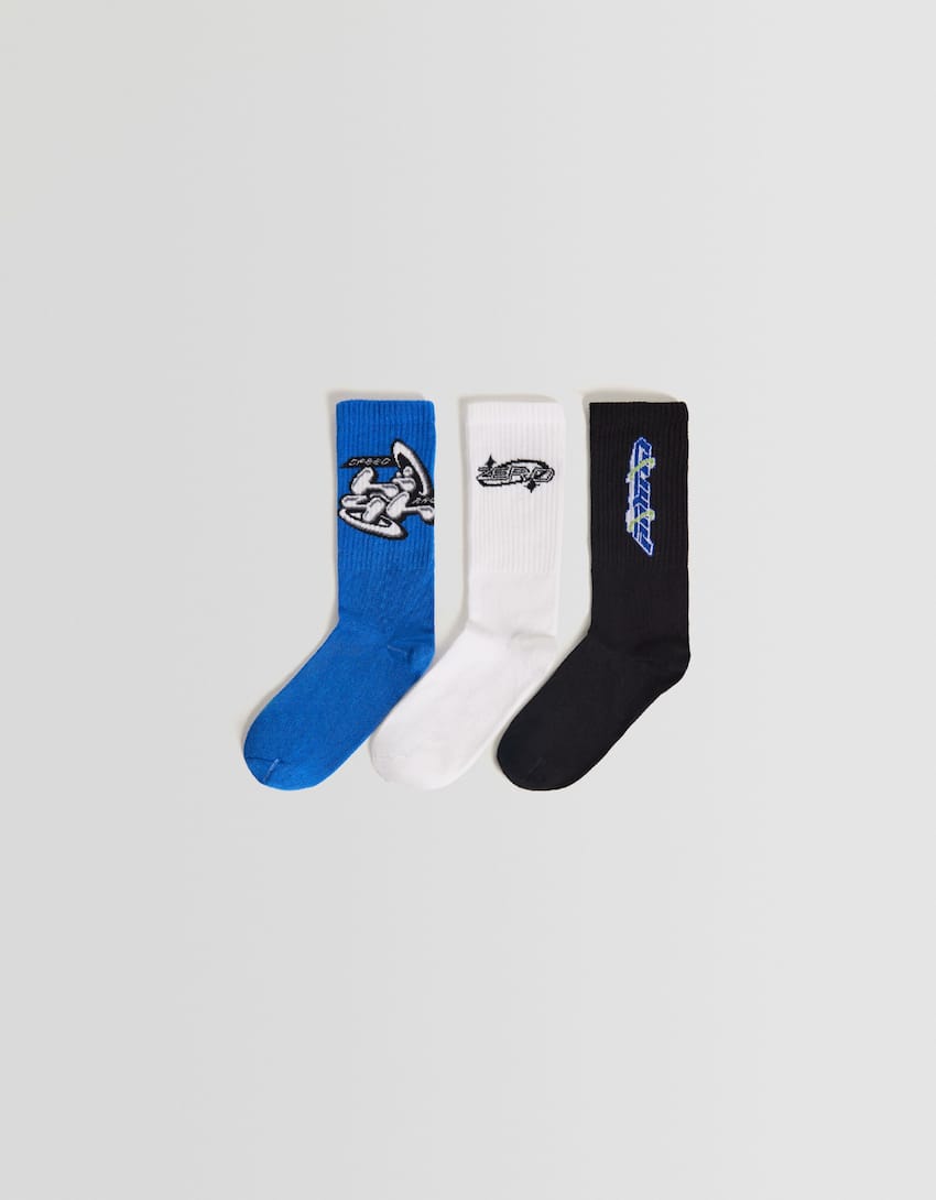 Pack of 3 racing print socks-Blue-0