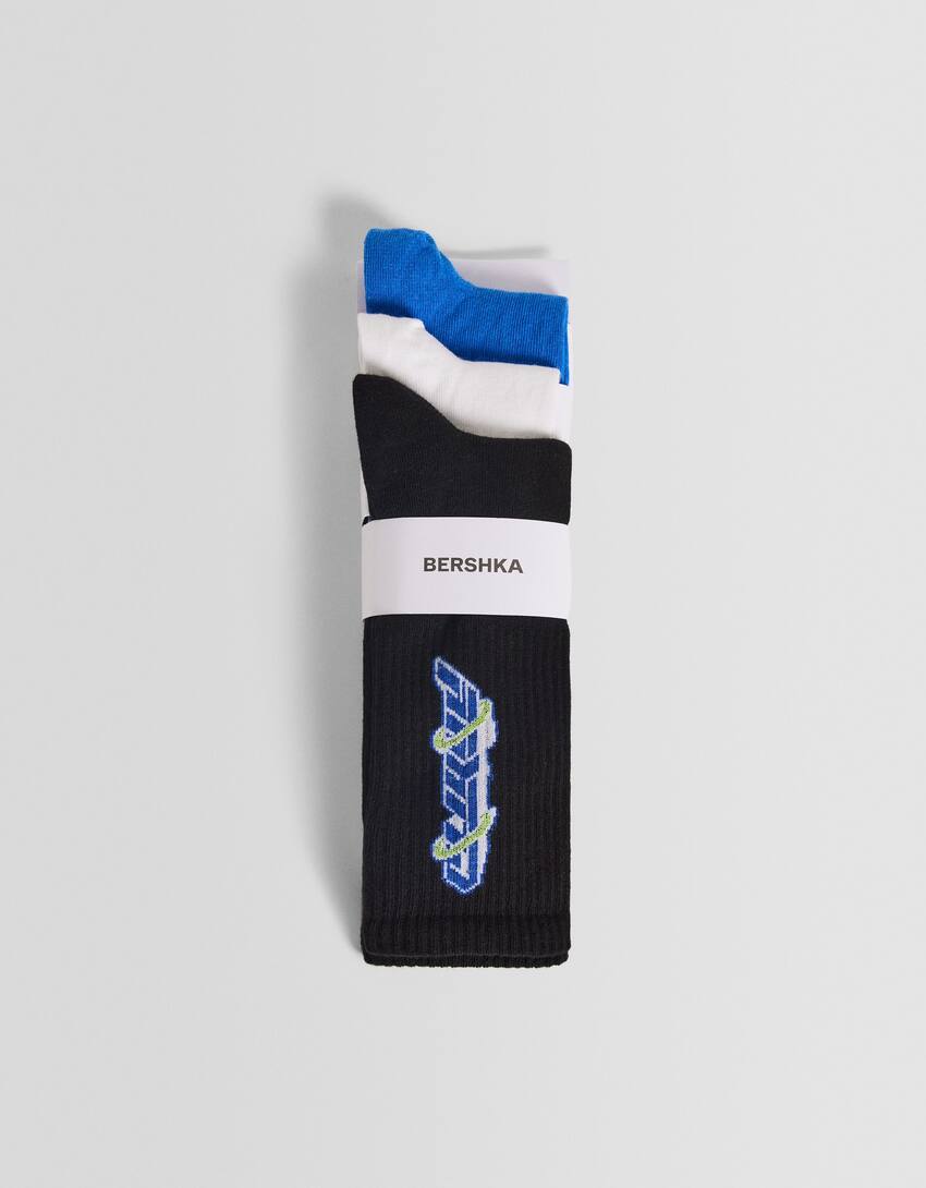 Pack of 3 racing print socks-Blue-4