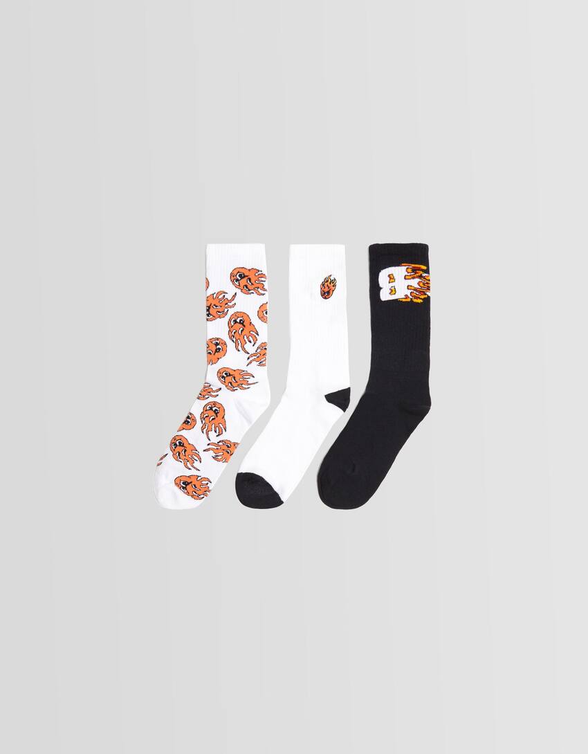 Pack of 3 pairs of printed socks-White-0