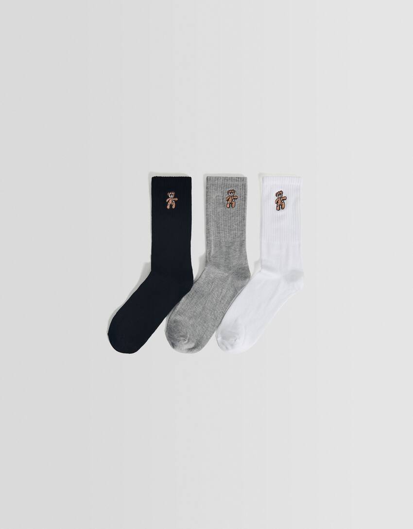 Pack of 3 pairs of embroidered socks-Black-0