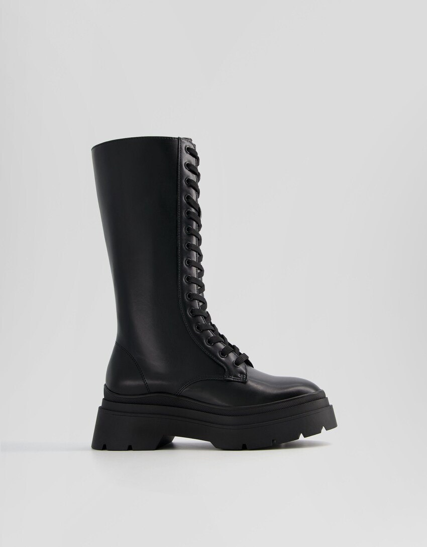 Flache Schnürstiefel mit Reißverschluss-Schwarz-5