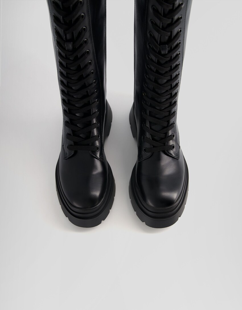 Flache Schnürstiefel mit Reißverschluss-Schwarz-4
