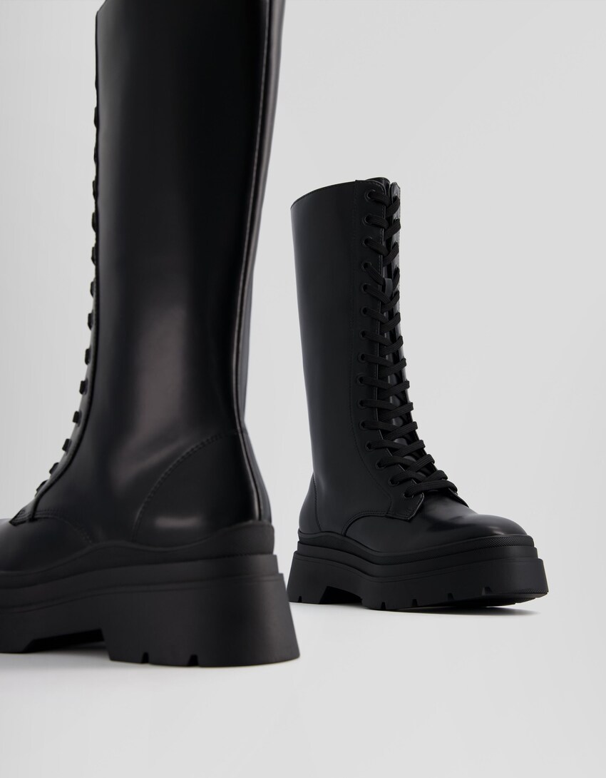 Flache Schnürstiefel mit Reißverschluss-Schwarz-3