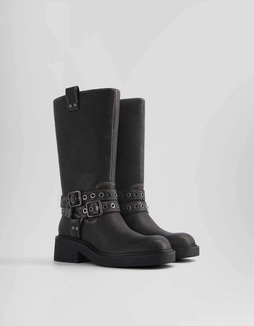 Biker boots with buckles and eyelets-BLACK-0