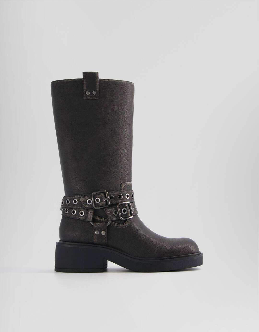 Biker boots with buckles and eyelets