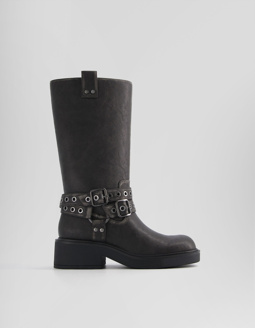 Biker boots with buckles and eyelets-BLACK-5