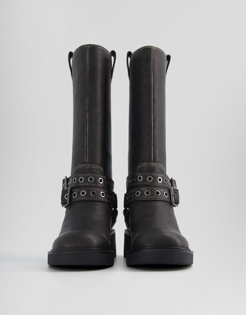 Biker boots with buckles and eyelets-BLACK-4