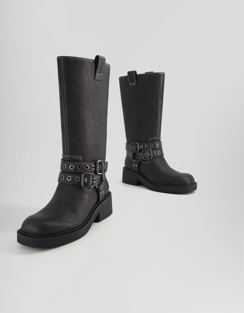 Biker boots with buckles and eyelets-BLACK-3