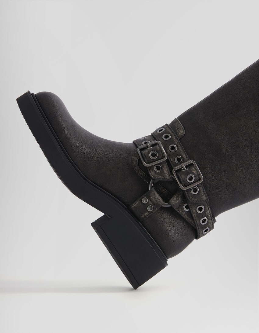 Biker boots with buckles and eyelets-BLACK-2