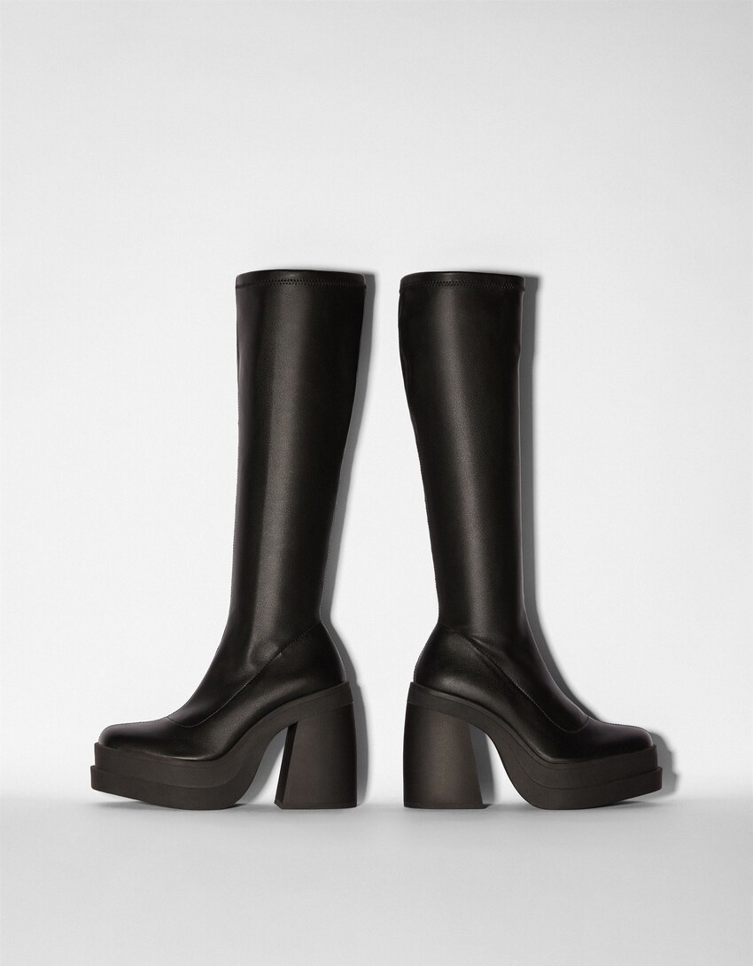Plateau-Stiefel mit Absatz, körpernah geschnitten-Schwarz-2