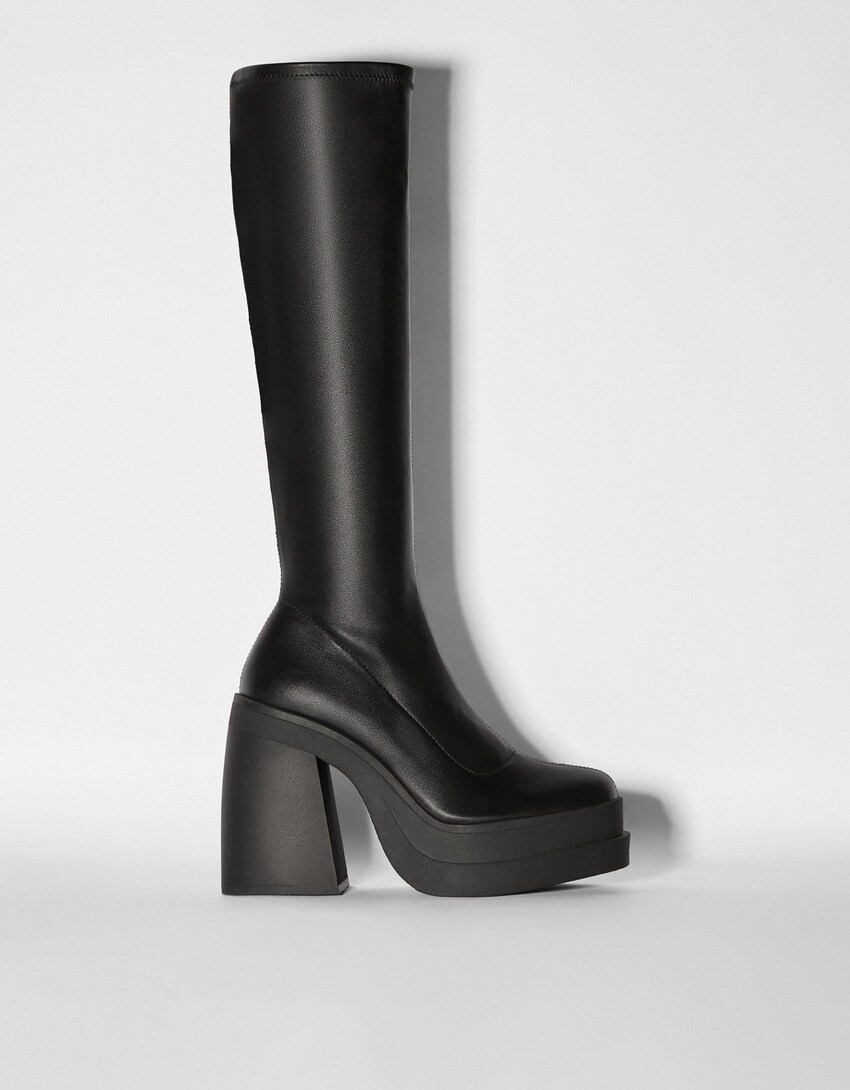 Plateau-Stiefel mit Absatz, körpernah geschnitten-Schwarz-5