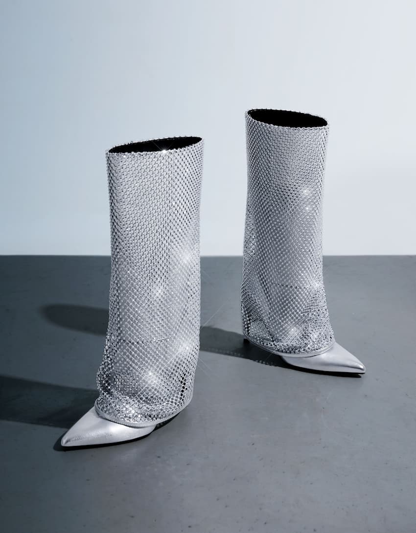 Metallic high-heel foldover boots with rhinestones - Women | Bershka