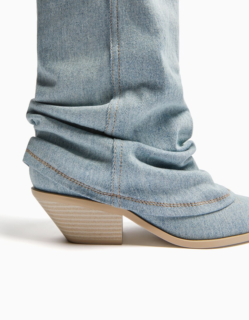 Cowboy heeled denim boots-Washed out blue-2