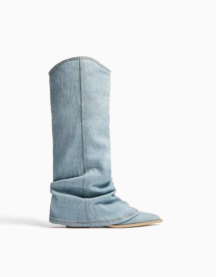 Cowboy heeled denim boots-Washed out blue-5