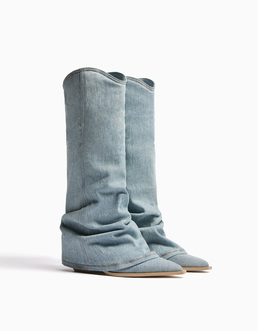 Cowboy heeled denim boots-Washed out blue-0