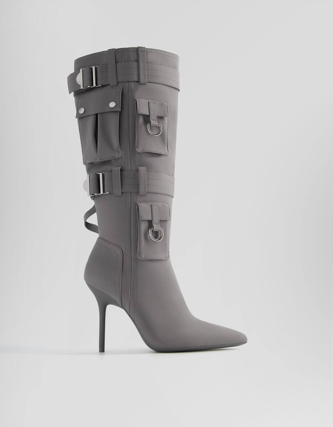 Stiletto heel boots with metal detail pockets