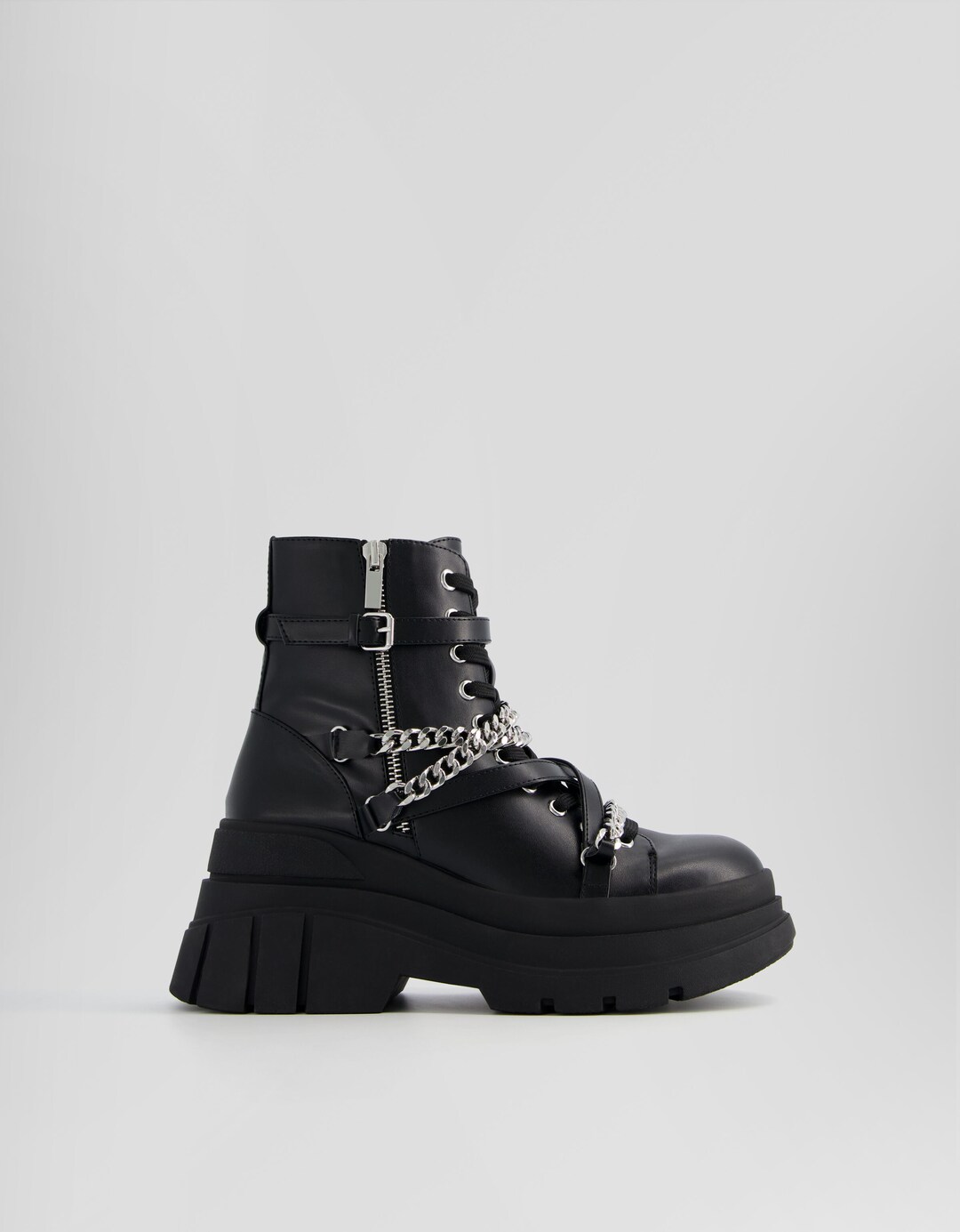 Chunky sole flat ankle boots with chain details