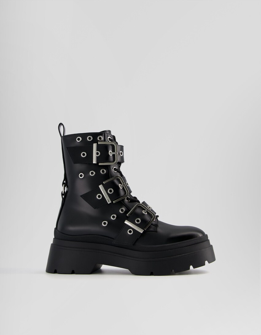 Flat ankle boots with straps with eyelets and buckles - BSK Teen | Bershka