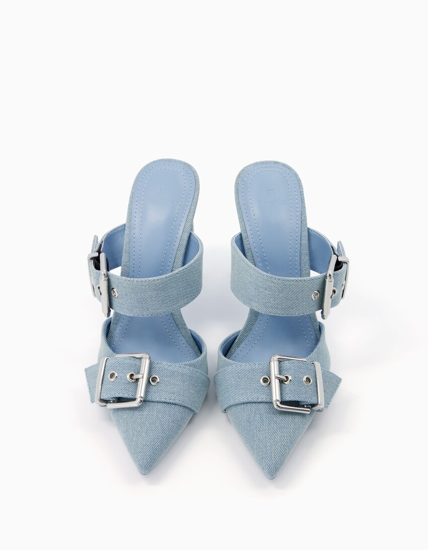 Jeans-Pantoletten mit Absatz und Schnallen-Ausgewaschenes Blau-4
