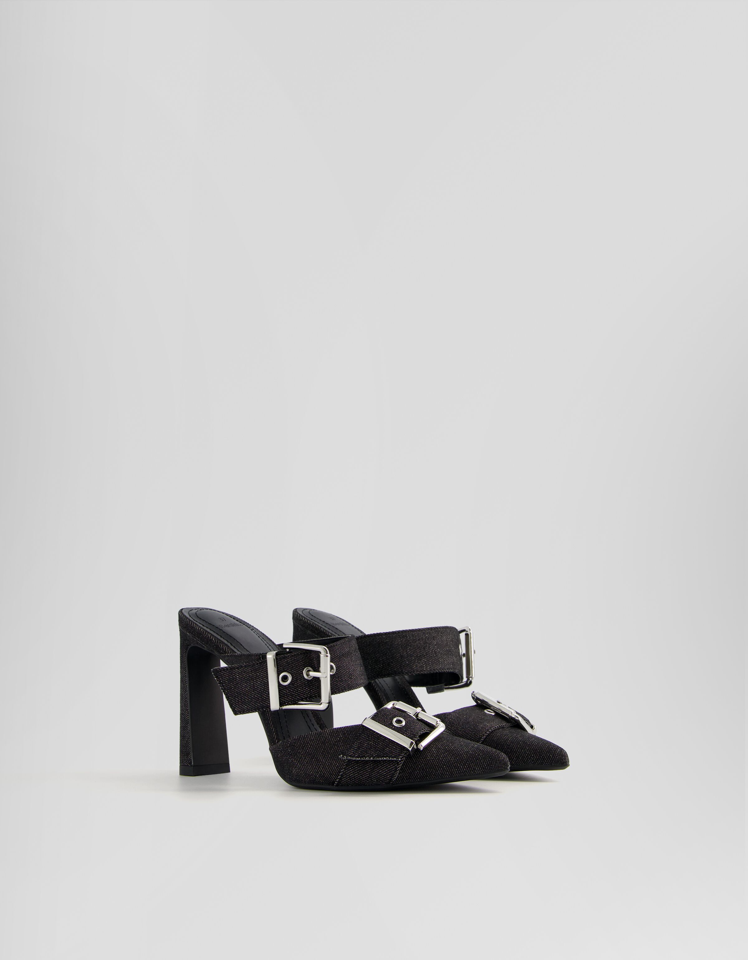 High heel denim mules with buckles Denim Women Bershka