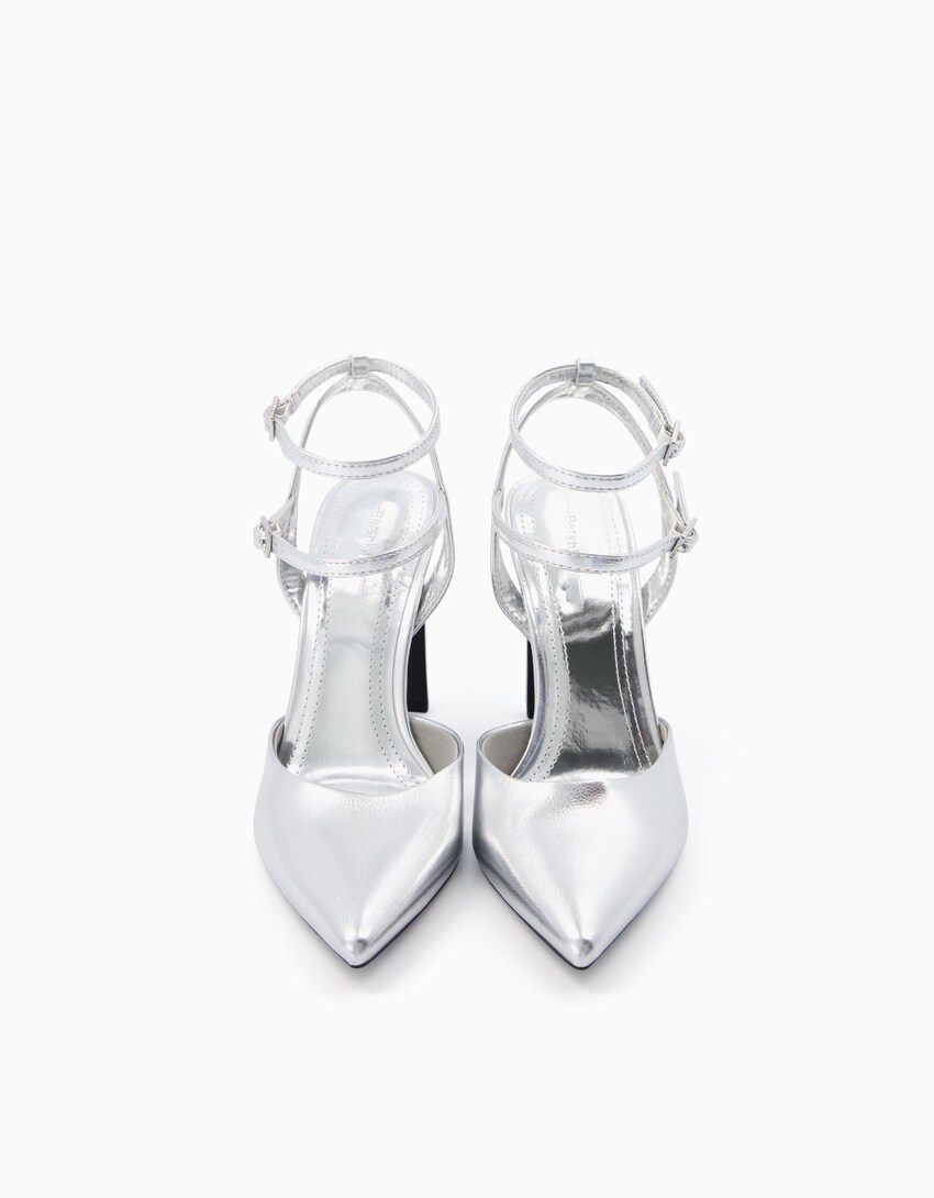 Metallic-Absatzschuhe mit offener Ferse-Silber-3