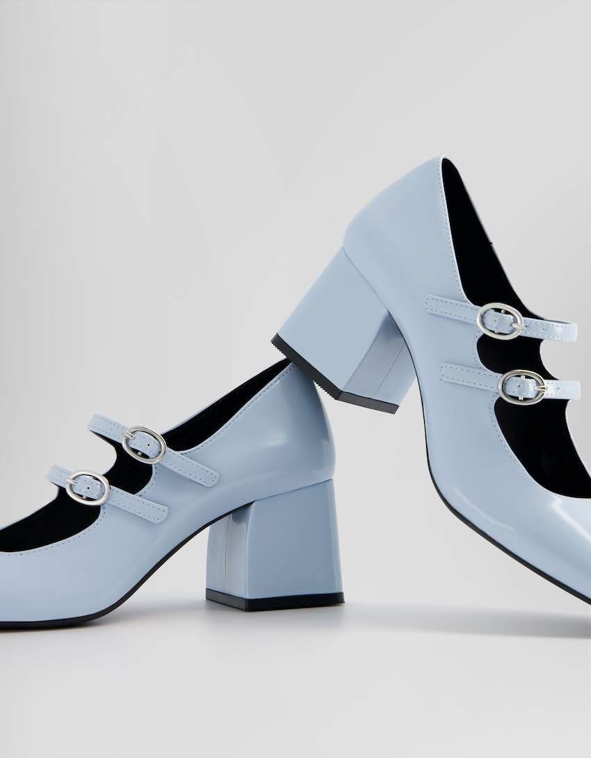 Sapato tacão largo tipo Mary Jane-Azul-2