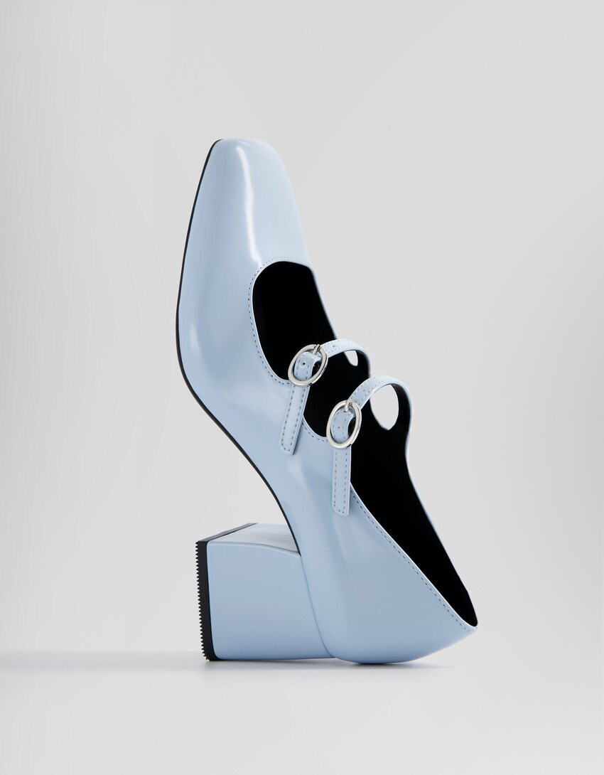 Sapato tacão largo tipo Mary Jane-Azul-3