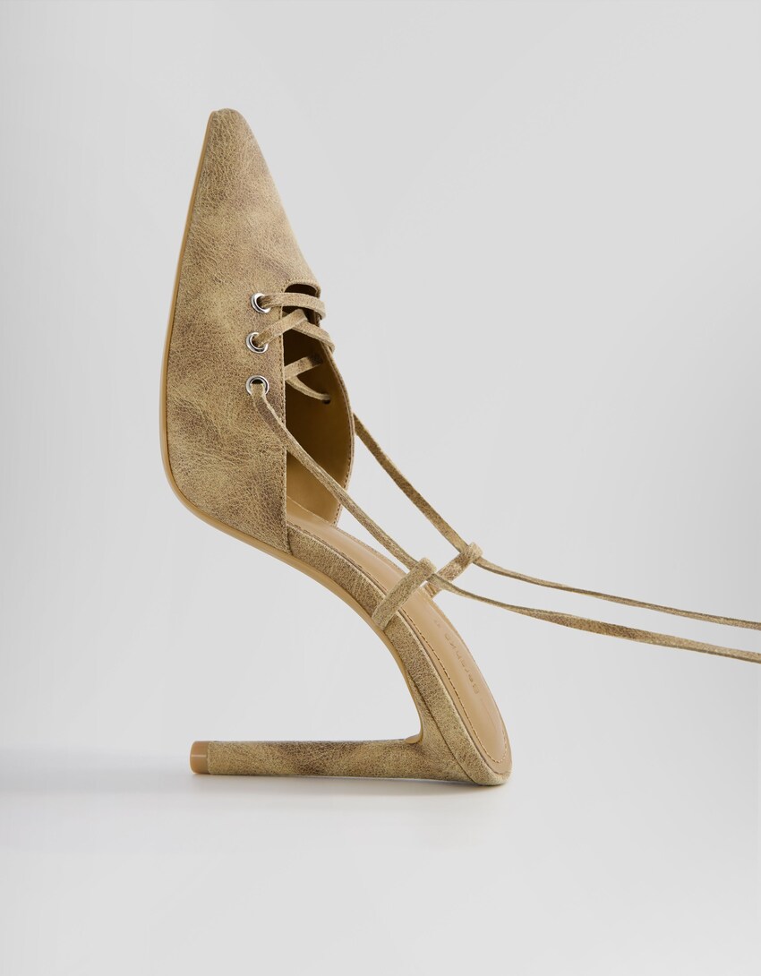 Absatzschuhe mit offener Ferse zum Schnüren-Camel-2
