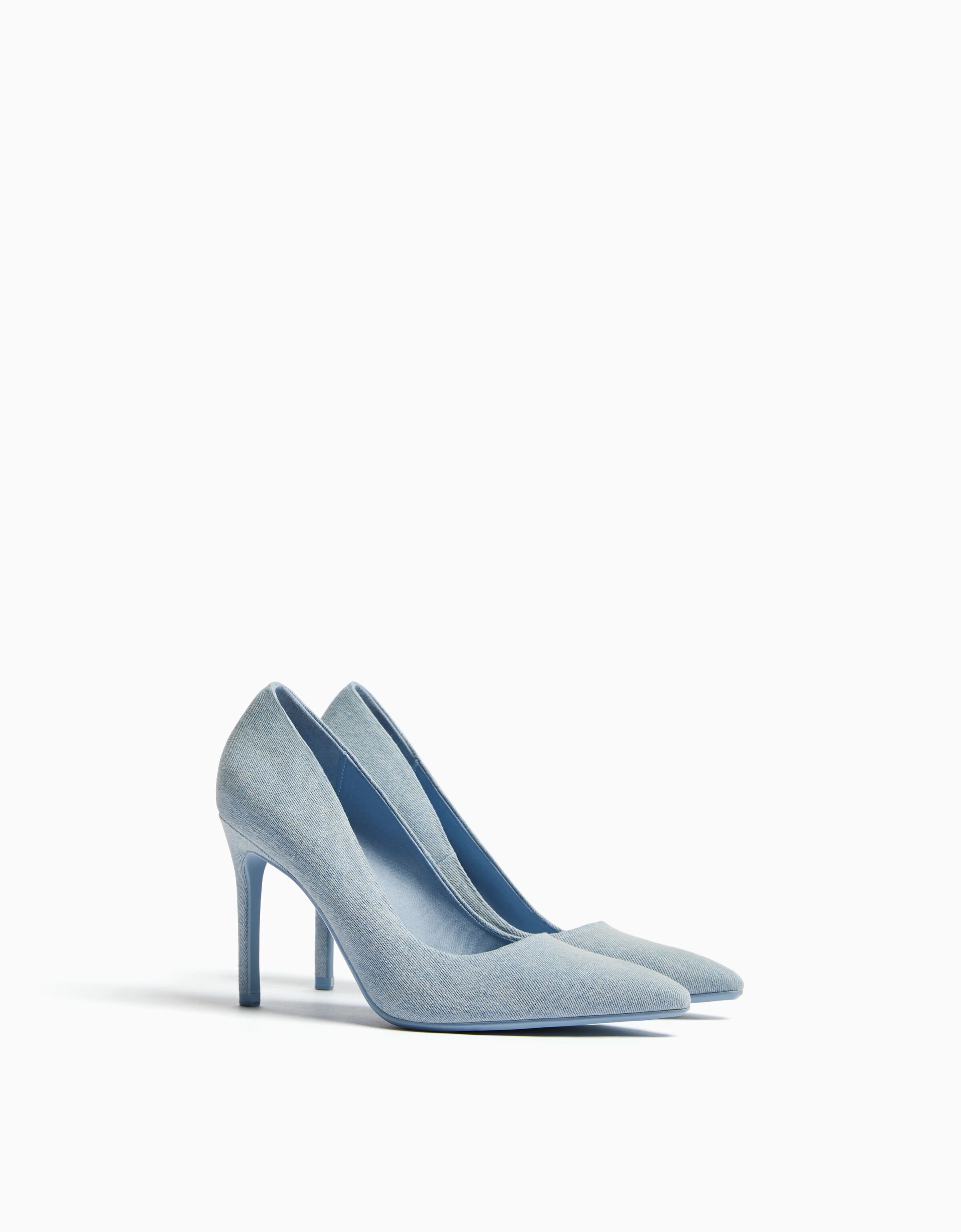 Blue Denim Closed Pointed Toe Ankle Strappy Pumps With Stiletto Heels