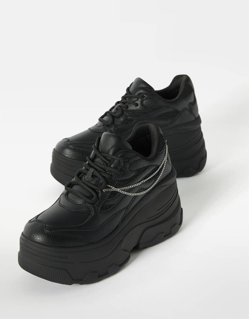حذاء رياضي بسلاسل ونعل سميك إكس لارج-أسود-1
