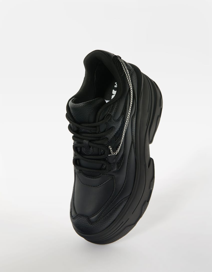 حذاء رياضي بسلاسل ونعل سميك إكس لارج-أسود-3