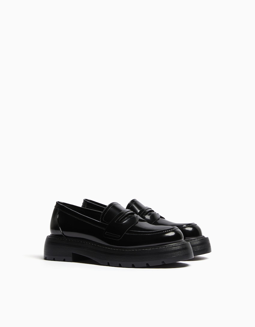 Loafers with penny strap and track soles-BLACK-0
