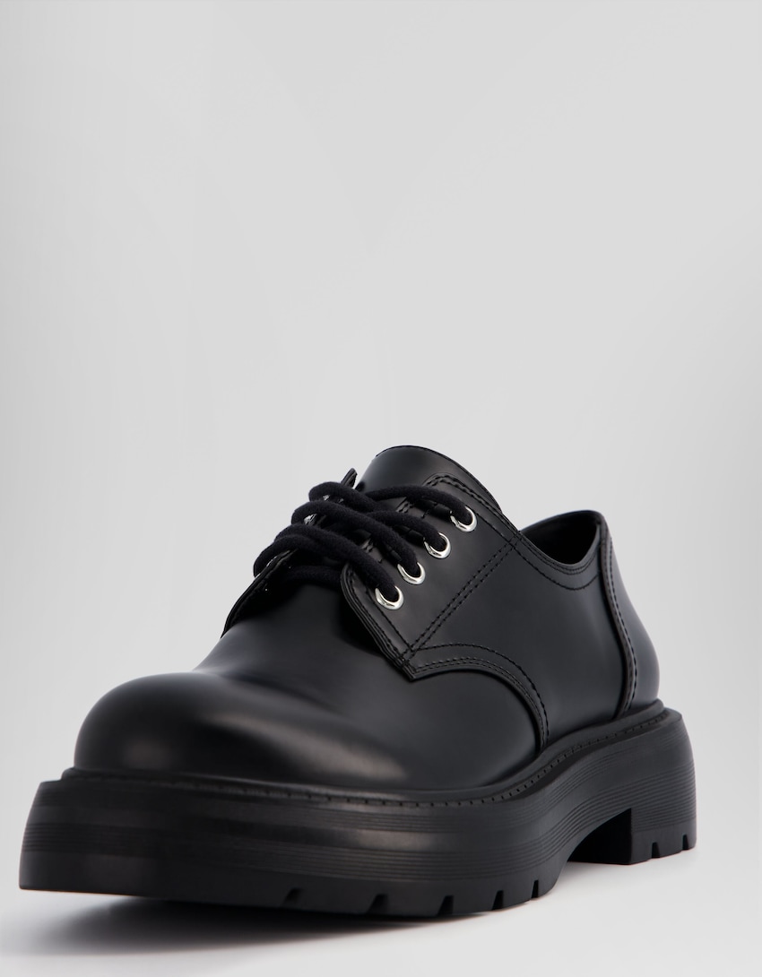 Flat lace-up derby shoes-BLACK-1