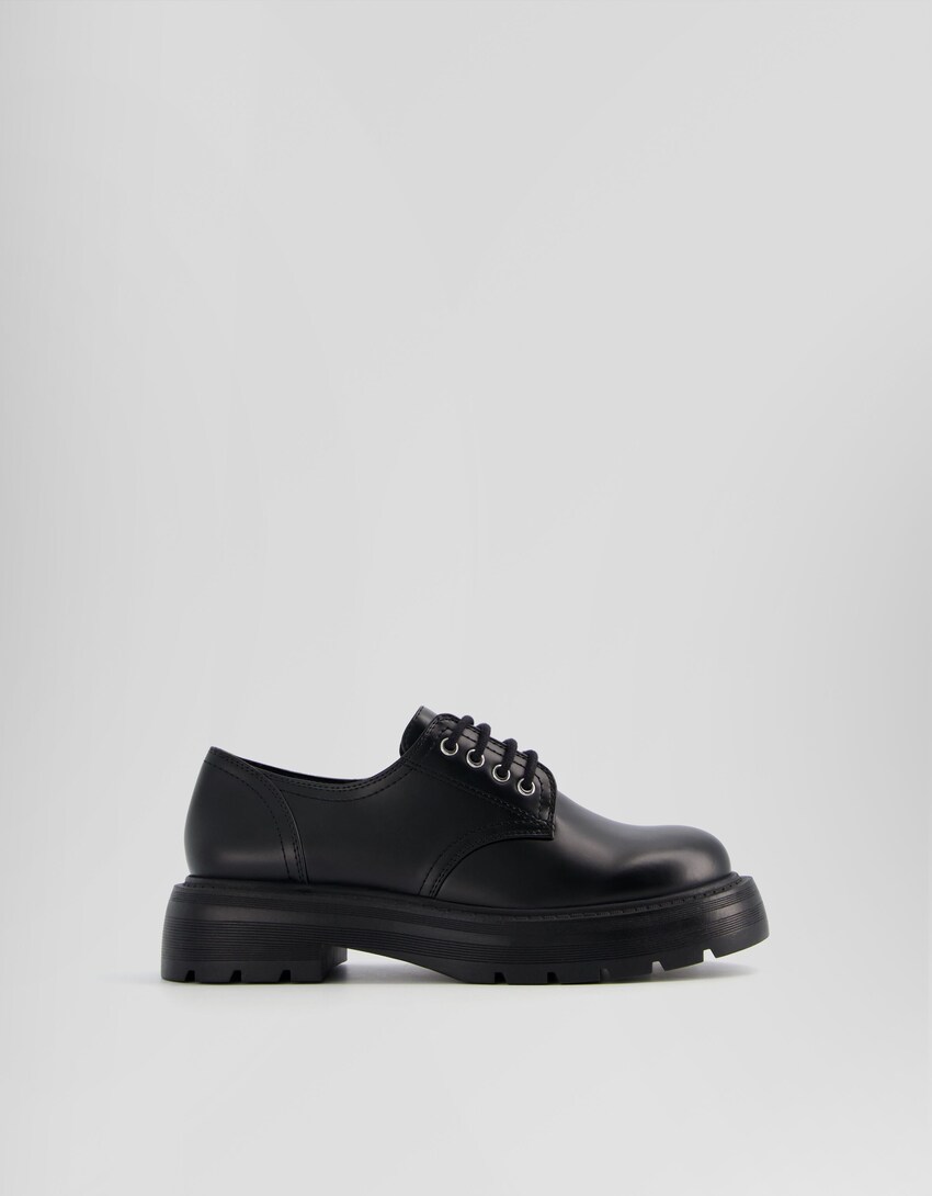 Flat lace-up derby shoes-BLACK-4