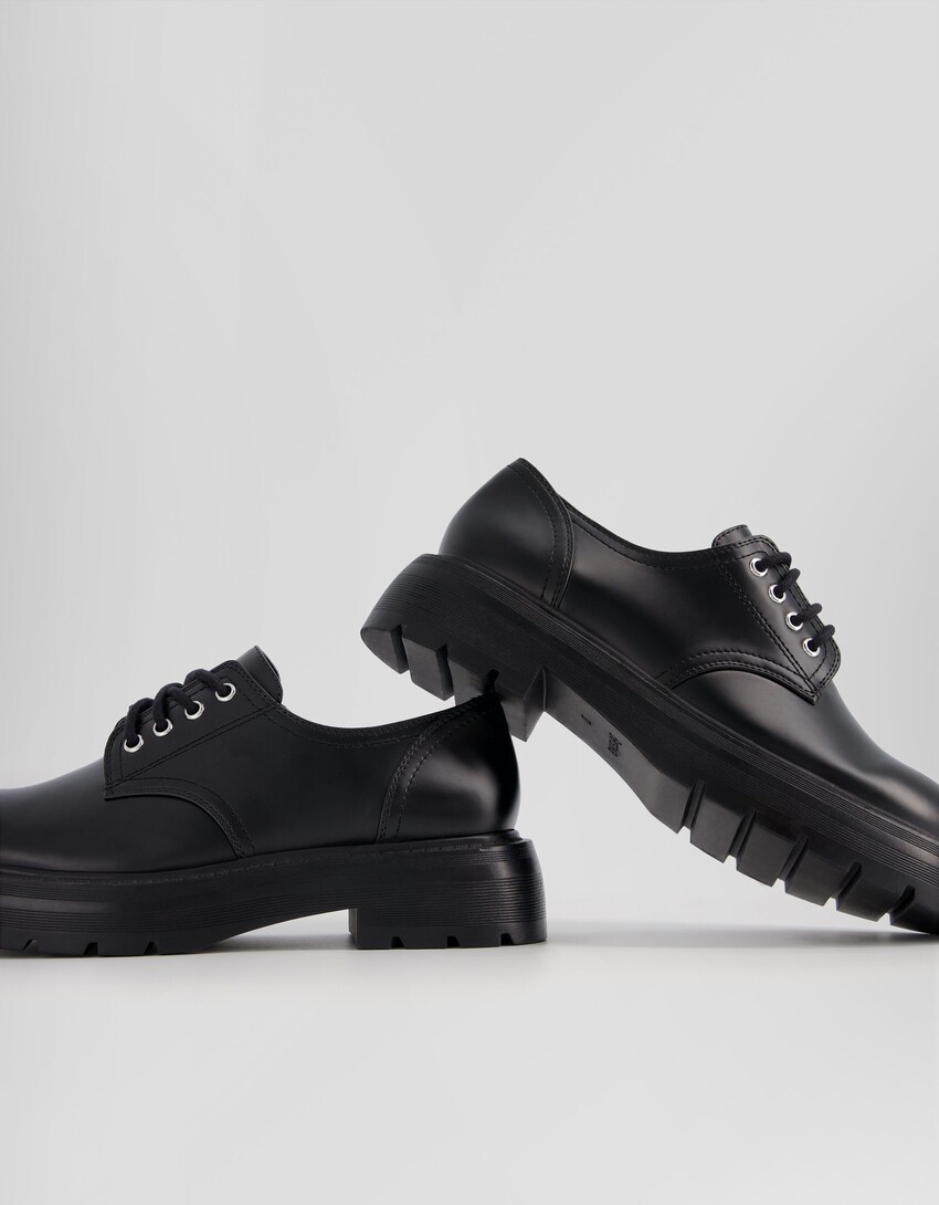 Flat lace-up derby shoes-BLACK-2