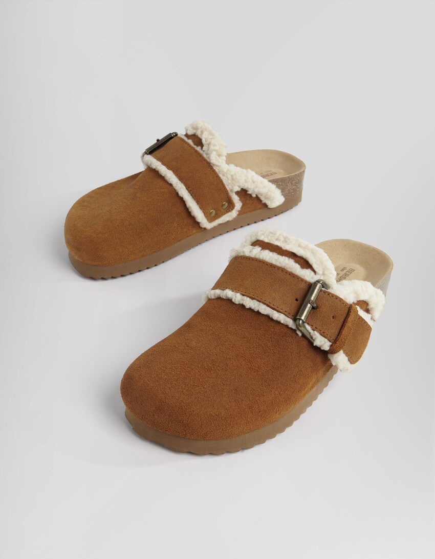 LEATHER faux shearling clogs with buckle-CAMEL-2
