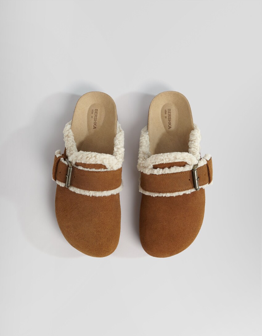 LEATHER faux shearling clogs with buckle-CAMEL-4