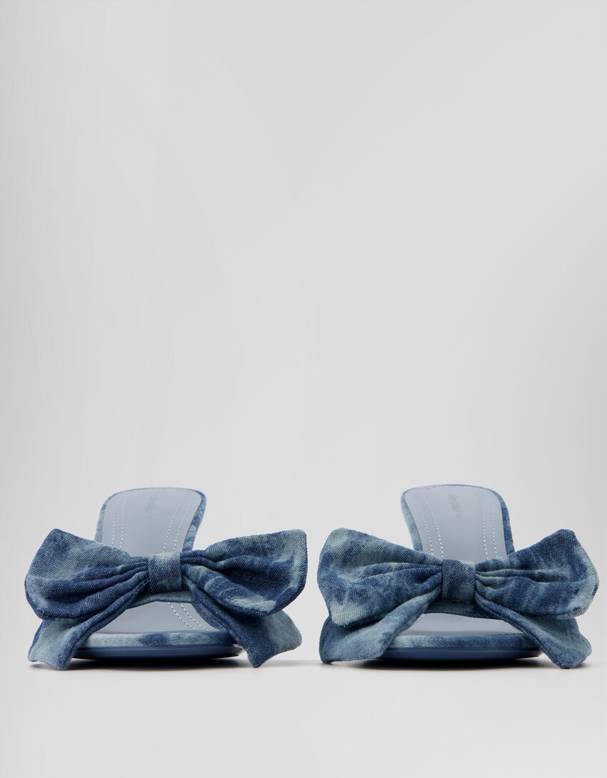 Denim-Pantoletten mit Absatz und Schleife-Ausgewaschenes Blau-2
