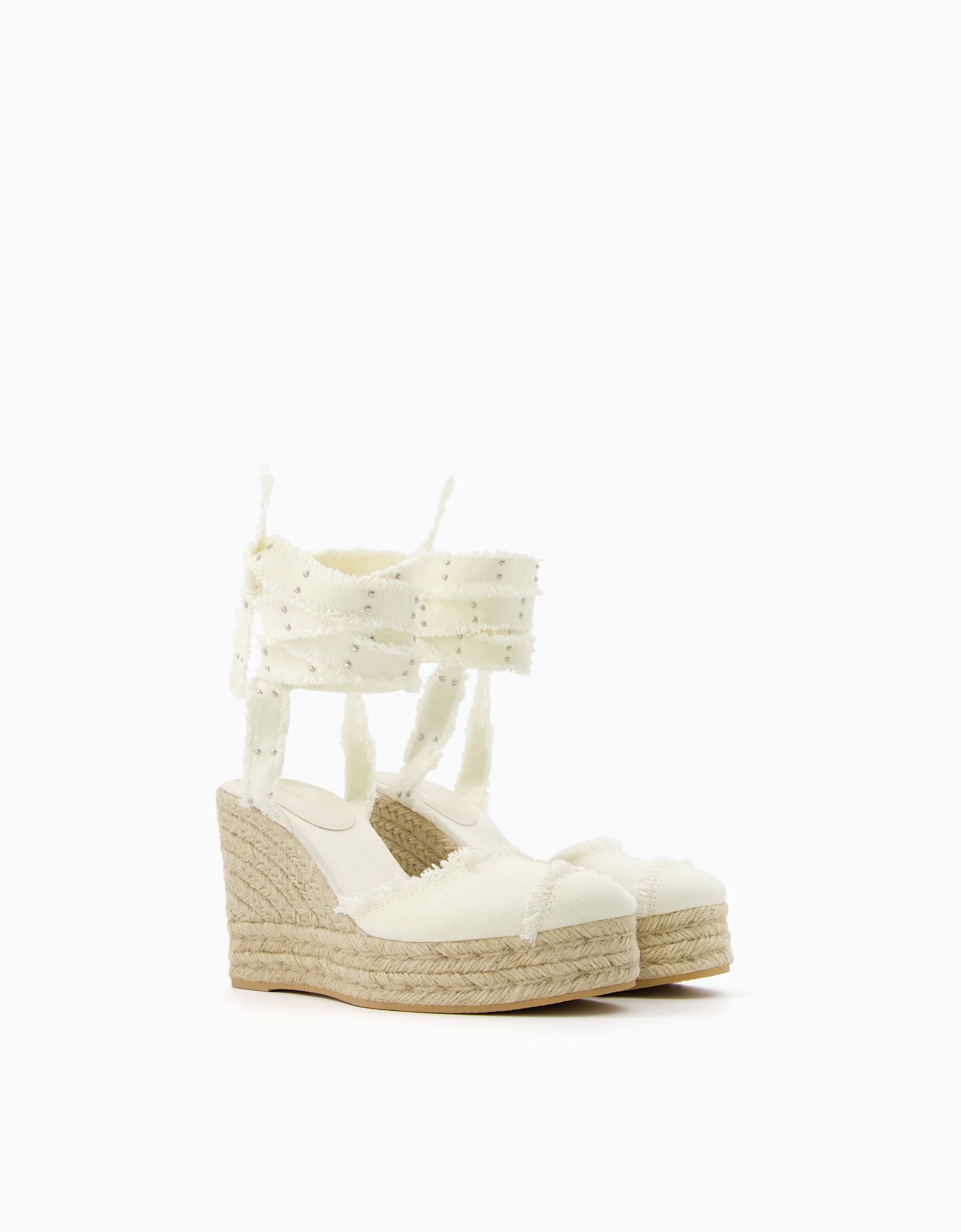 Lace up jute wedges with studs Women Bershka