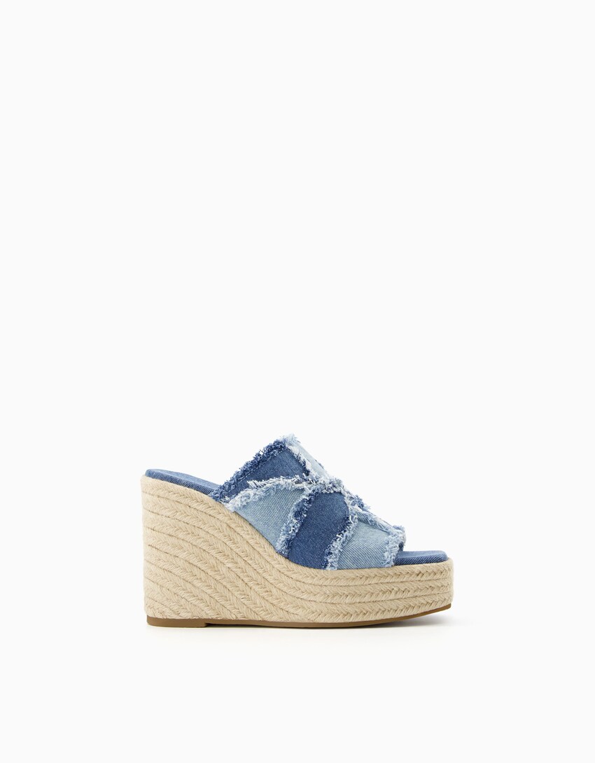 Keilabsatzschuhe aus Jute und Denim mit Patchwork-Ausgewaschenes Blau-4
