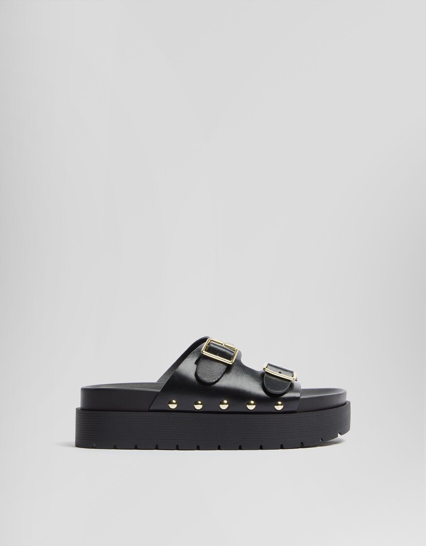 Flache Sandalen mit Plateau und Schnallen-Schwarz-6