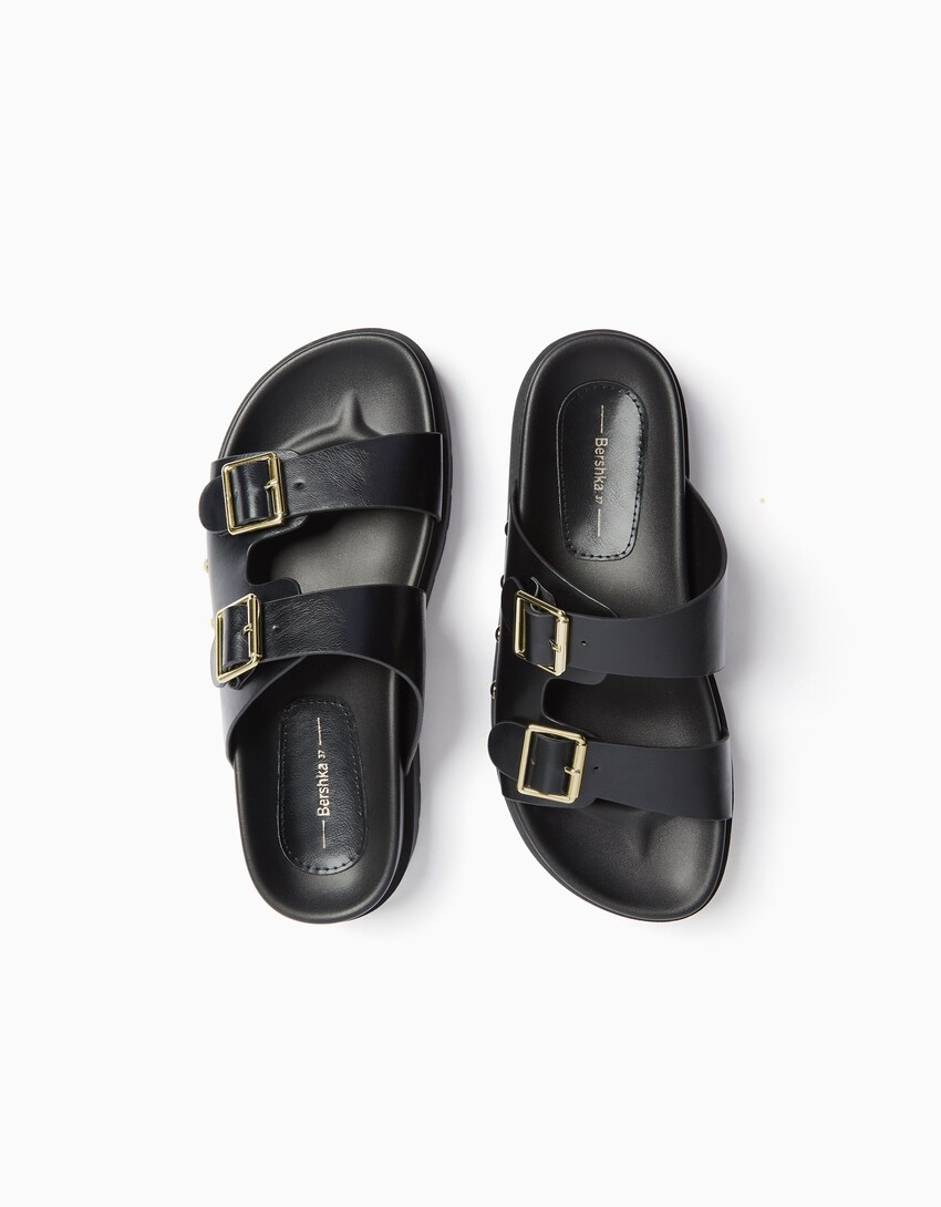 Flache Sandalen mit Plateau und Schnallen-Schwarz-4
