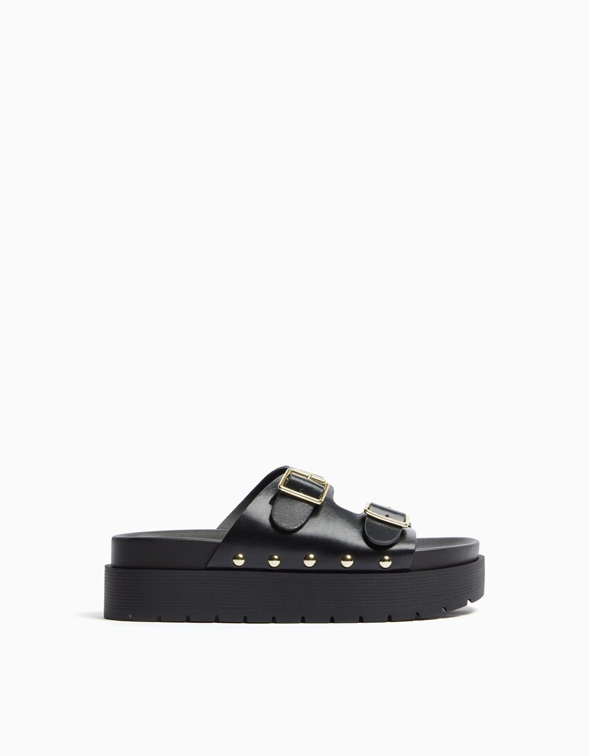 Flache Sandalen mit Plateau und Schnallen-Schwarz-5
