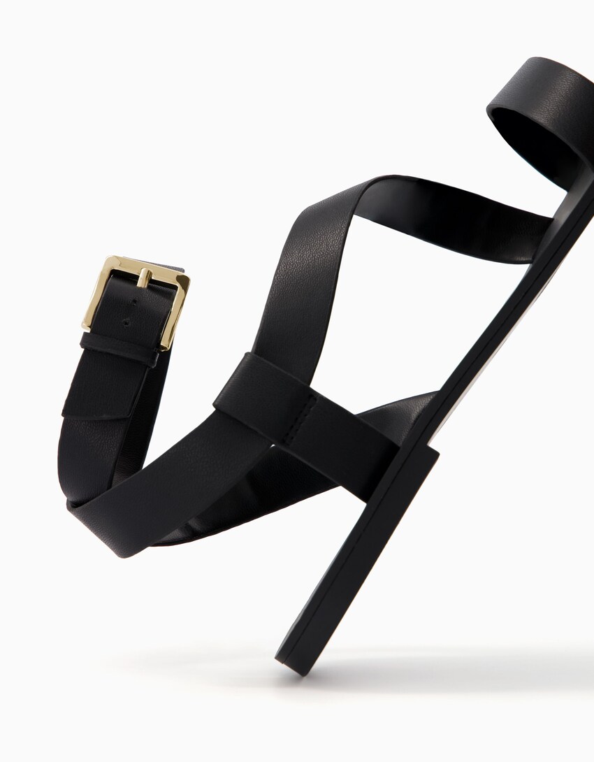 Flache Sandalen mit Knöchelriemchen-Schwarz-1